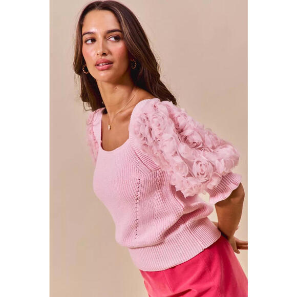Rosette Sleeves Square Neck Sweater Knit Top - Picture 5 of 9